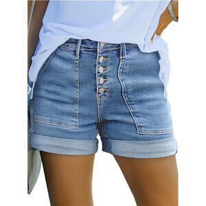 Women's Blue Jean Shorts High Waisted Stretchy Buttoned Folded‎ Hem Denim Shorts